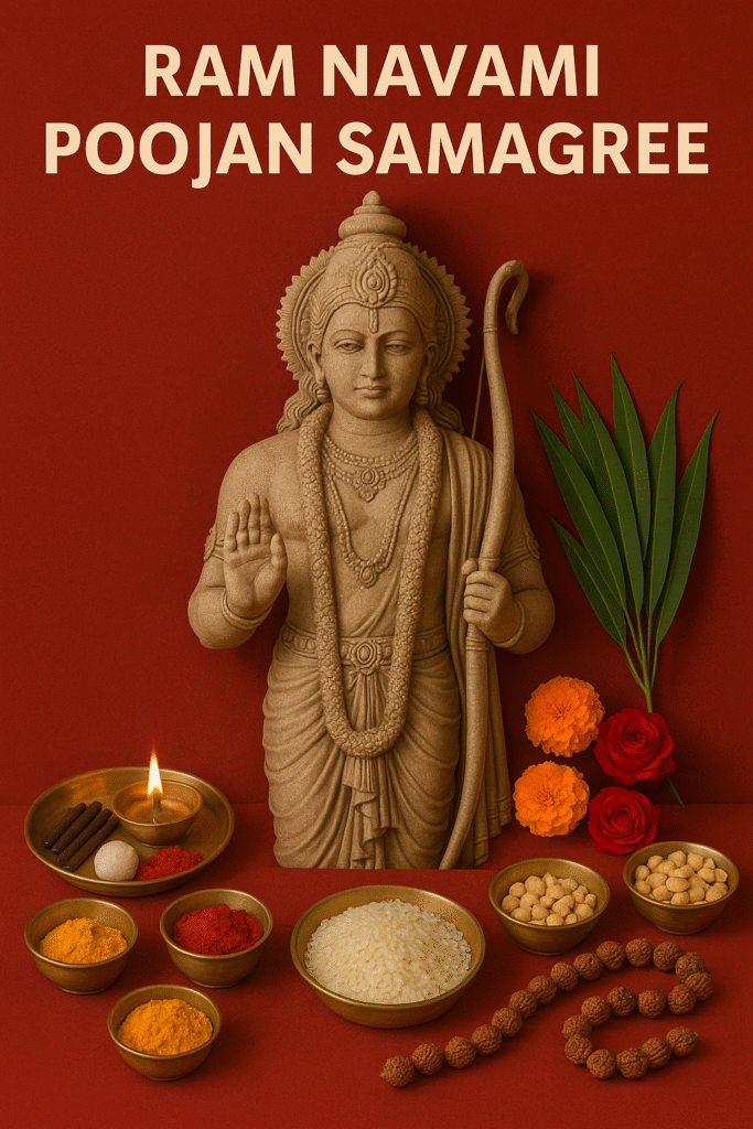 "Ram Navami Poojan Samagree setup with a grand idol of Lord Ram surrounded by traditional Hindu worship items like diya, incense sticks, turmeric, kumkum, rice, flowers, Rudraksha mala, and sacred leaves on a red background"