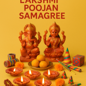 "Diwali Lakshmi Poojan Samagri setup featuring clay idols of Goddess Lakshmi and Lord Ganesha, surrounded by lit oil diyas, traditional Indian sweets like laddus, marigold flowers, firecrackers, and a Rudraksha mala on a yellow background"
