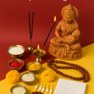 "Jatakarma Sanskaar Poojan Samagri setup with terracotta idol of mother and infant, featuring traditional ritual items like brass diya, incense sticks, kumkum, turmeric, rice, milk, ghee, marigold flowers, jasmine buds, Rudraksha mala, and white cloth on a red and yellow background"