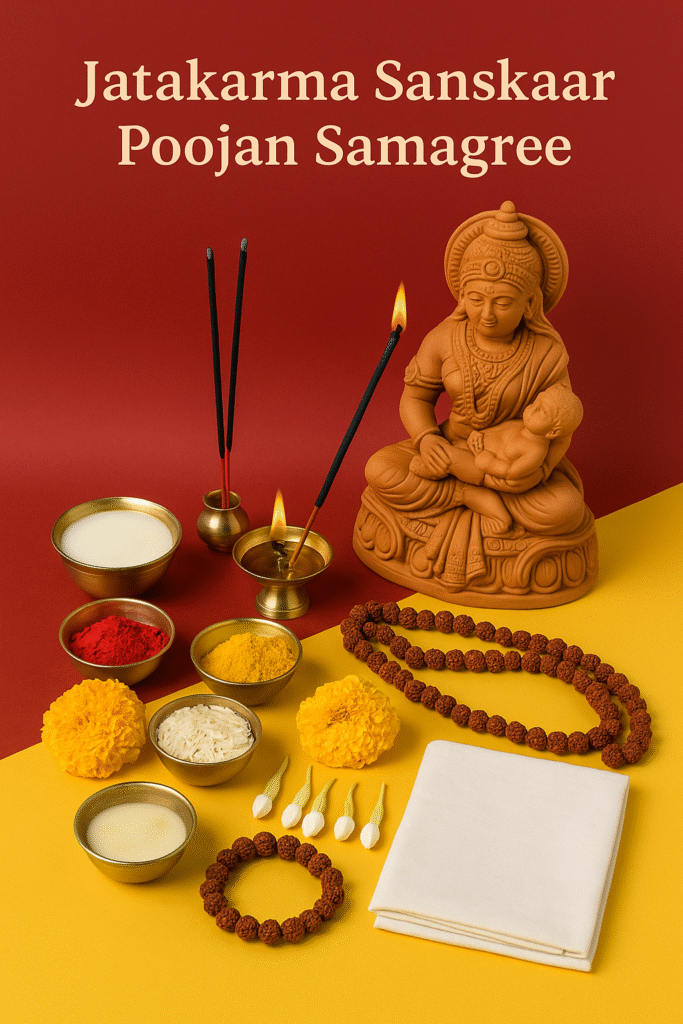 "Jatakarma Sanskaar Poojan Samagri setup with terracotta idol of mother and infant, featuring traditional ritual items like brass diya, incense sticks, kumkum, turmeric, rice, milk, ghee, marigold flowers, jasmine buds, Rudraksha mala, and white cloth on a red and yellow background"