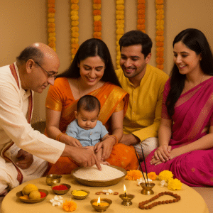 "Hindu Naamkaran Sanskaar ceremony with a priest guiding parents as they write the baby's name in rice, surrounded by traditional pooja samagri like diya, kumkum, haldi, sweets, incense sticks, Rudraksha mala, and marigold flowers, in a decorated room with family members"