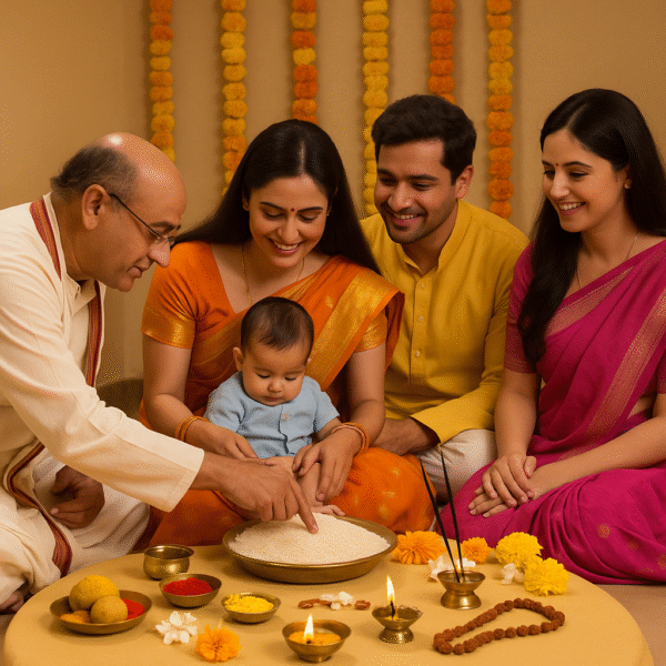 "Hindu Naamkaran Sanskaar ceremony with a priest guiding parents as they write the baby's name in rice, surrounded by traditional pooja samagri like diya, kumkum, haldi, sweets, incense sticks, Rudraksha mala, and marigold flowers, in a decorated room with family members"