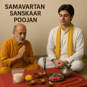 "Realistic image of a Hindu priest and young man performing Samavartan Sanskaar Poojan, with traditional pooja samagri including kumkum, rice, marigold flower, betel leaves, diya, incense sticks, kalash, and sacred thread arranged on a red cloth, symbolizing the graduation ceremony in Hindu rituals."