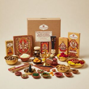 "A complete kit of Satnarayan Katha and Hawan Poojan Samagri set by DivyaSangrah displayed on a white surface, including various small bowls filled with traditional pooja ingredients like rice, flowers, incense sticks, kumkum, haldi, and sweets, along with religious pictures and a decorative brass lamp, all arranged in front of a brown cardboard box with a label."