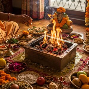"Havan Kund ritual with offerings and pooja samagri by Divyasangrah. The image depicts a Homa ritual with a square Havan Kund filled with burning coals, surrounded by various pooja items like fruits, flowers, and grains."
