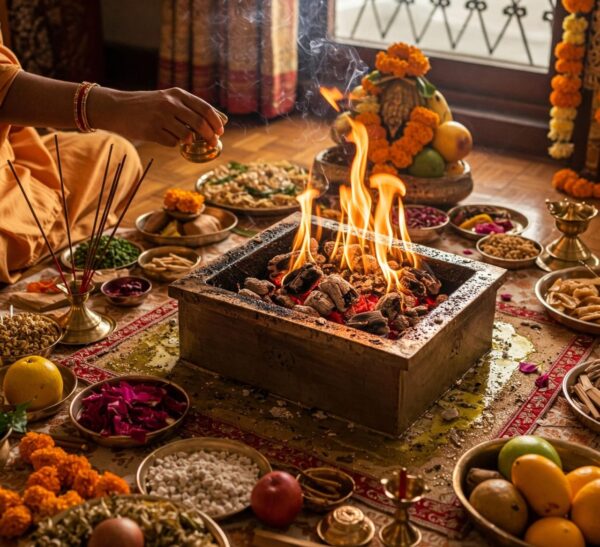 "Havan Kund ritual with offerings and pooja samagri by Divyasangrah. The image depicts a Homa ritual with a square Havan Kund filled with burning coals, surrounded by various pooja items like fruits, flowers, and grains."