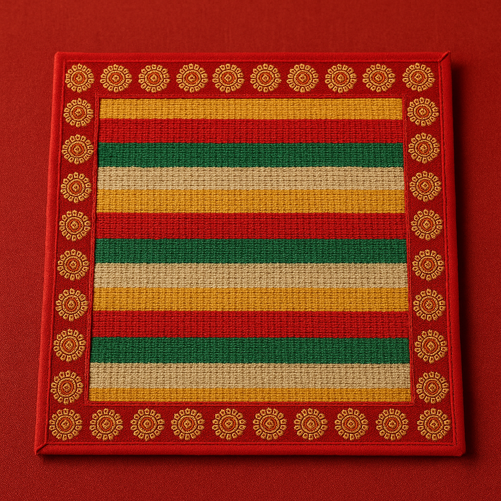 "Traditional puja asan mat with red, yellow, green, and beige stripes and golden floral border, used during Hindu rituals and religious ceremonies."
