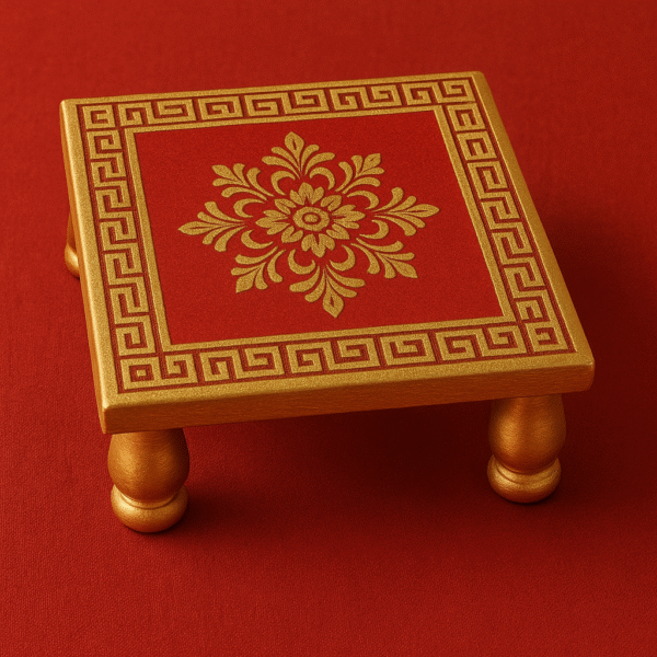 "Traditional wooden Pooja Chowki with golden floral design and carved legs, used as a Murti stand in Hindu rituals and home temples."