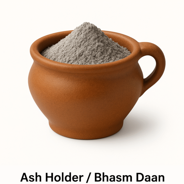 "Ash holder (Bhasm Daan) made of clean ceramic clay, filled with sacred gray ash, ideal for Hindu pooja rituals – product by DivyaSangrah"