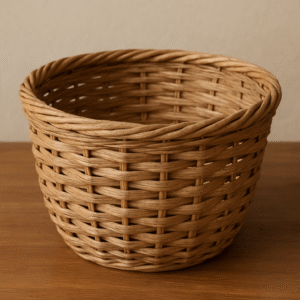 “Handwoven wicker basket made of natural rattan, ideal for storing puja flowers or essentials – traditional Indian style”