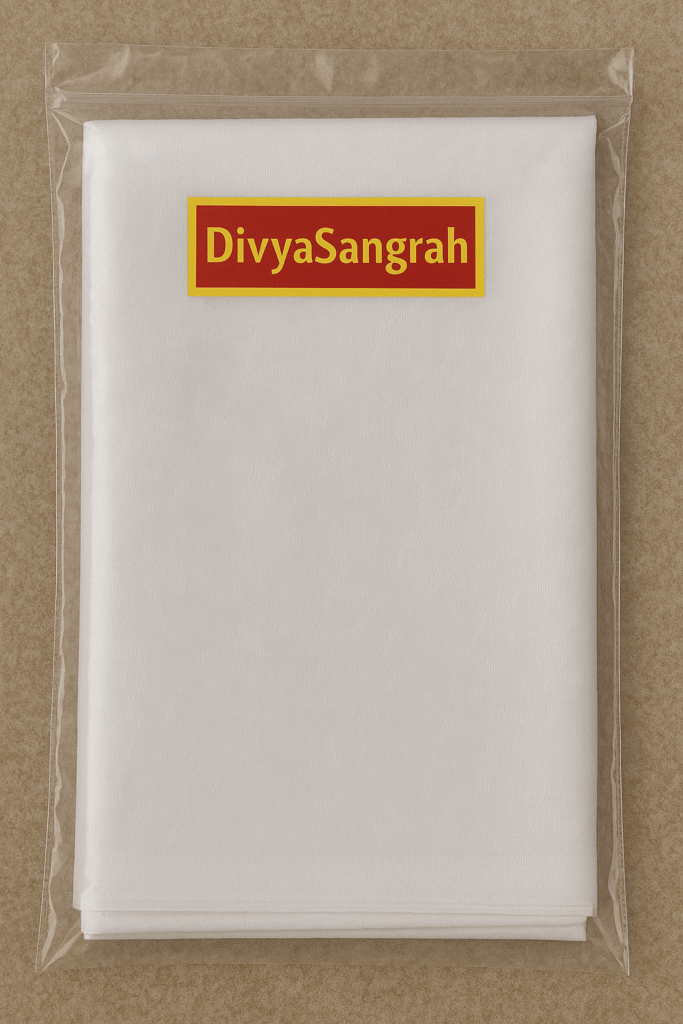 "Chandani cloth packed in transparent polythene by DivyaSangrah for Hindu pooja and rituals"